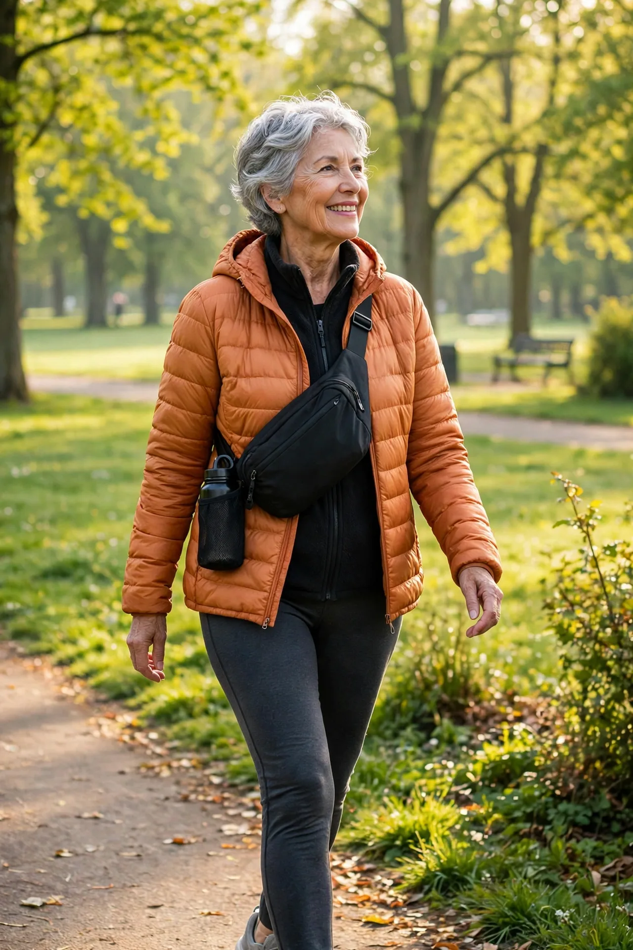 Older adult walking in fresh morning air on a park path