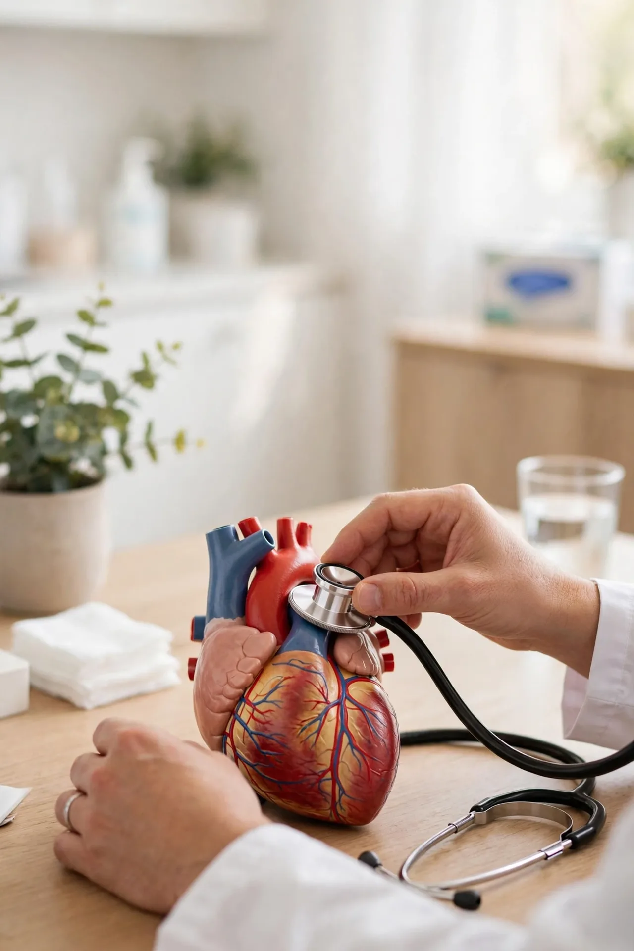 Heart-health check-up scene with stethoscope and heart model