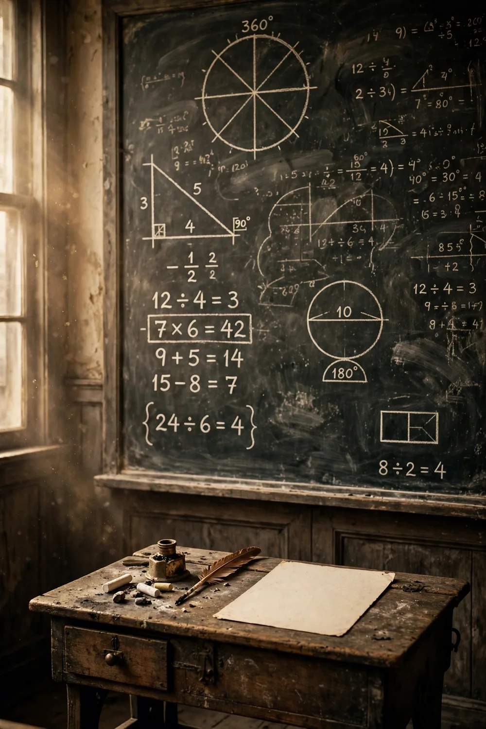 A vintage school report card and chalkboard with equations