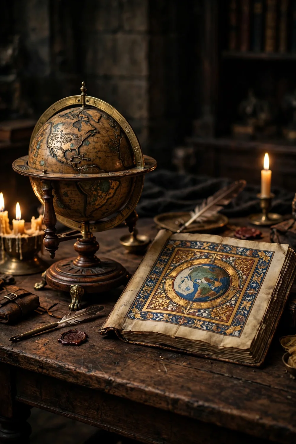 An antique globe and a medieval manuscript with a spherical Earth drawing