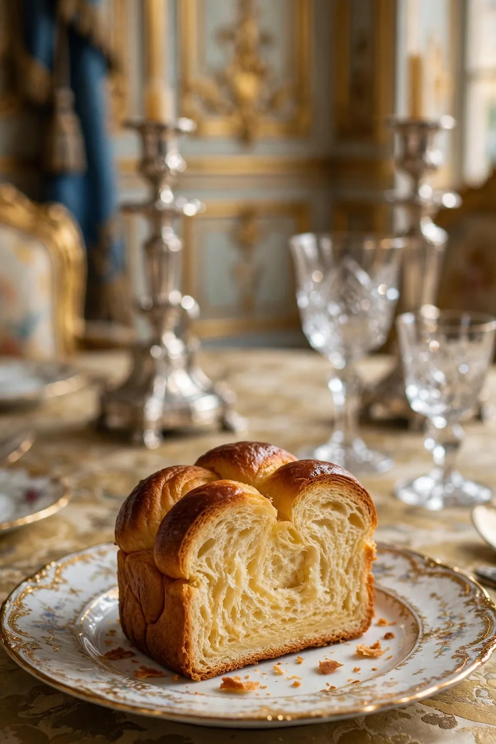 An ornate slice of brioche on a royal plate in a palace setting