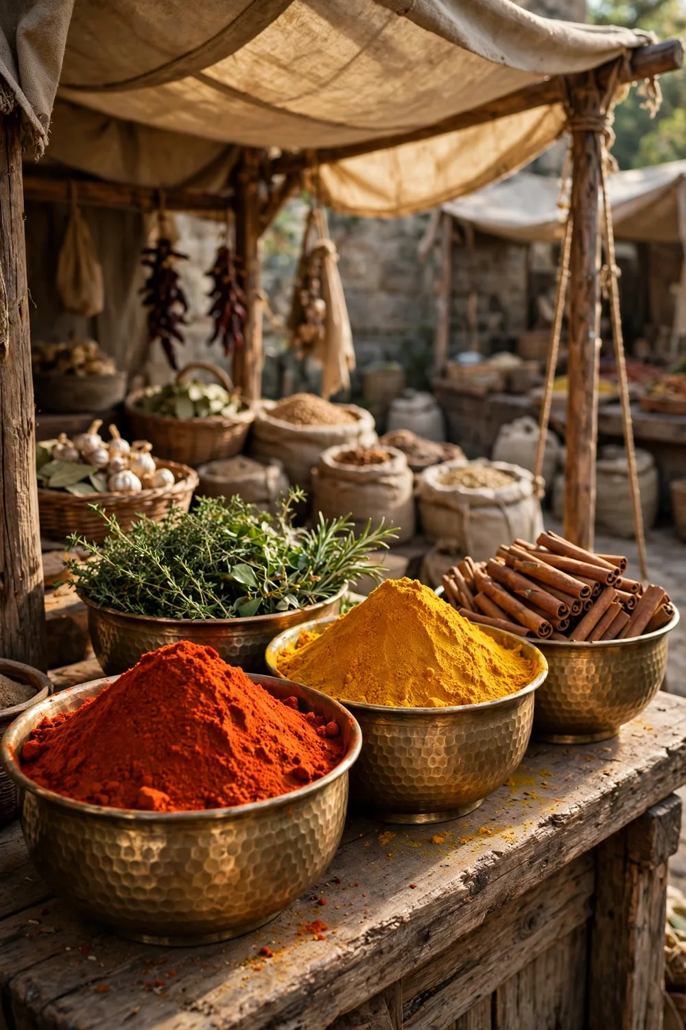 Piles of colourful spices in brass bowls at a medieval market stall