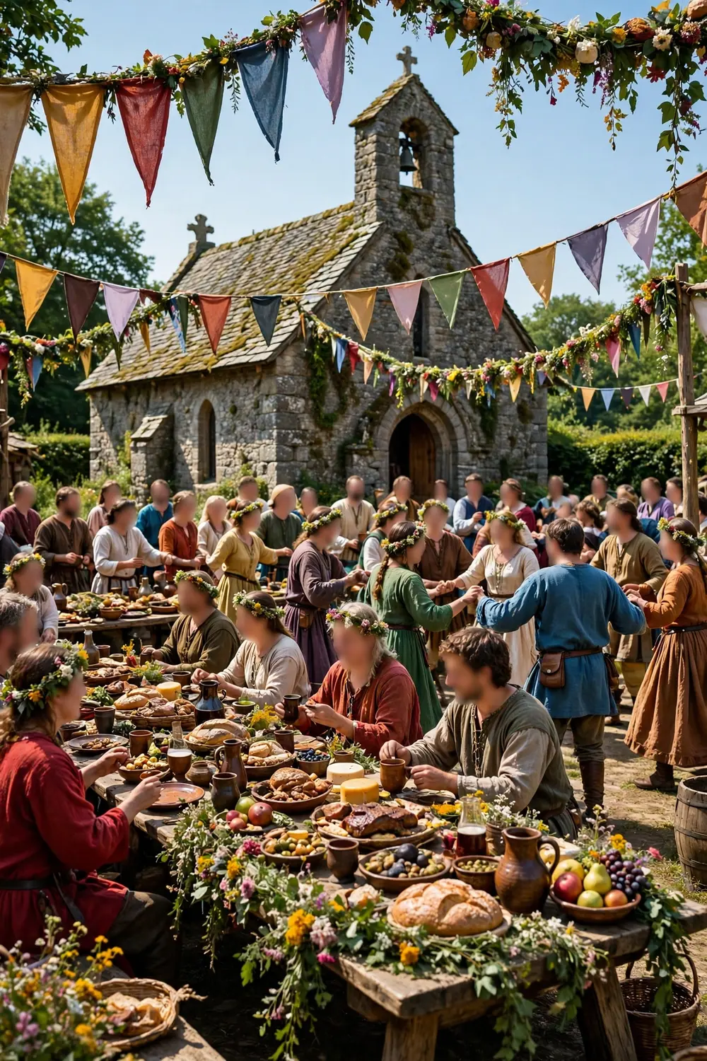 A medieval village wedding scene with adults celebrating