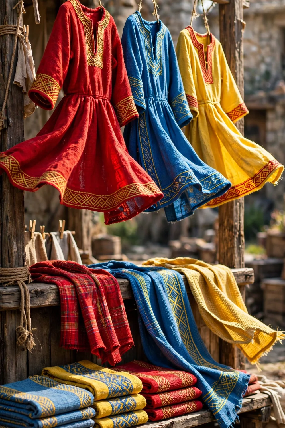 Brightly dyed medieval garments hanging at a market stall