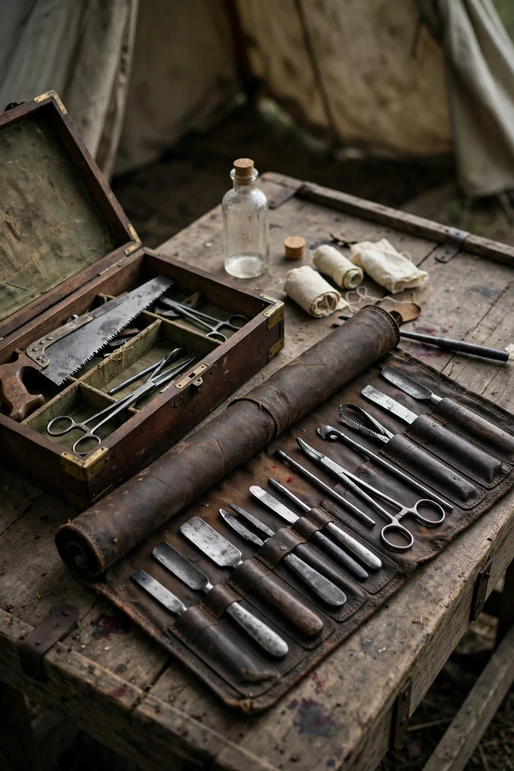 A Civil War era medical kit with a chloroform bottle and instruments