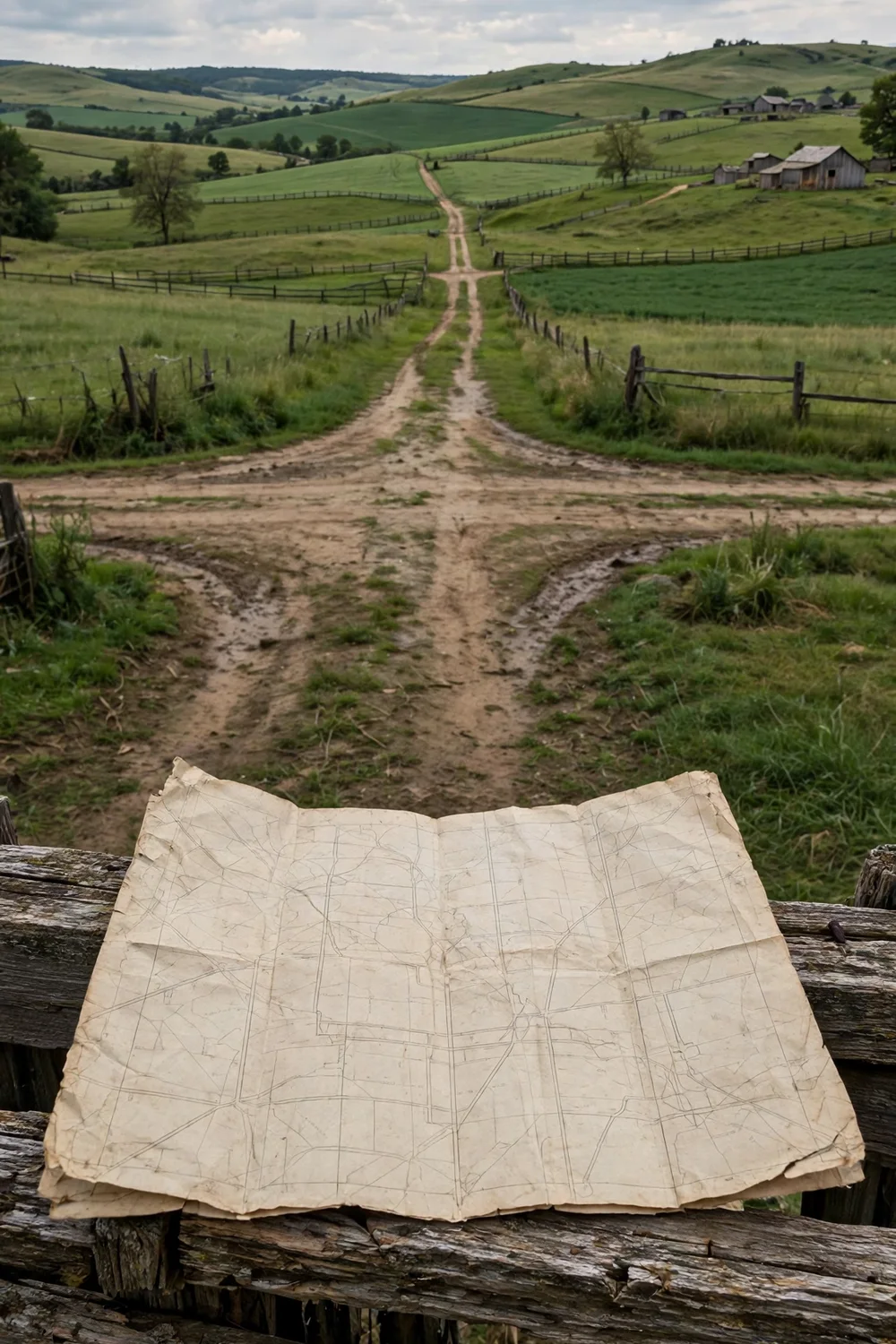 A crossroads in rolling farmland with a Civil War era map