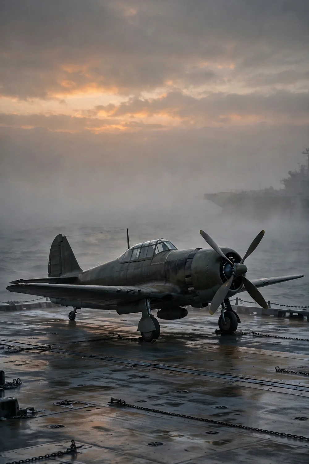A wartime propeller aircraft on a carrier deck at dawn