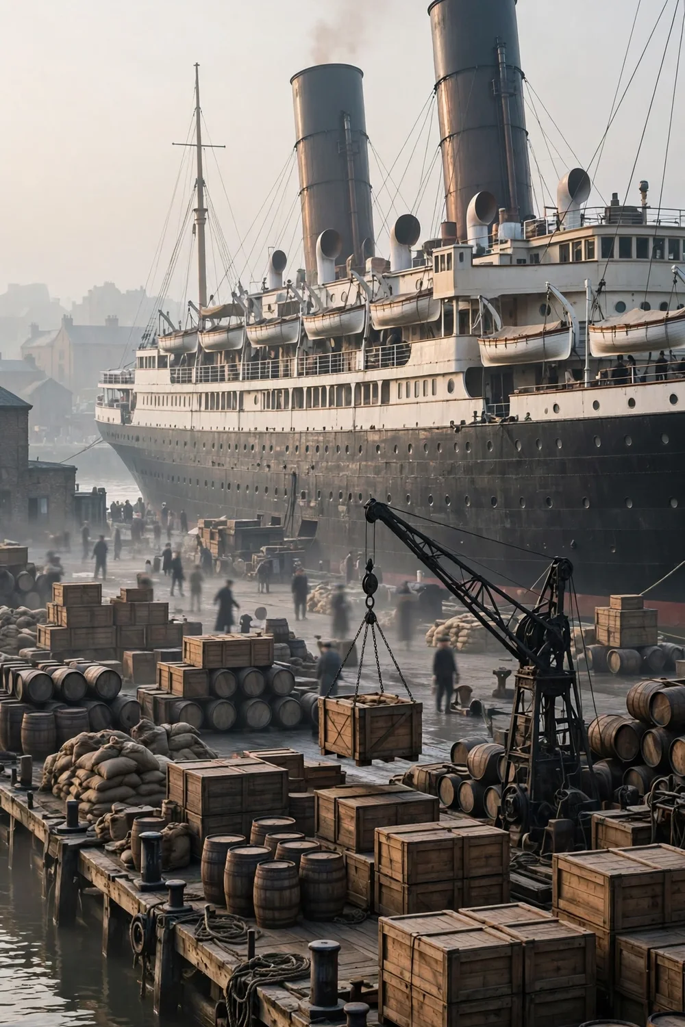A grand ocean liner at a dock with cargo being loaded
