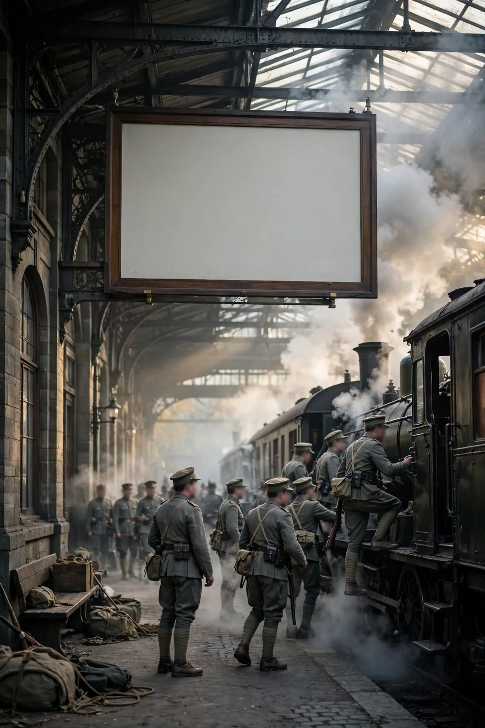 A 1914 railway mobilisation scene with troops and timetables