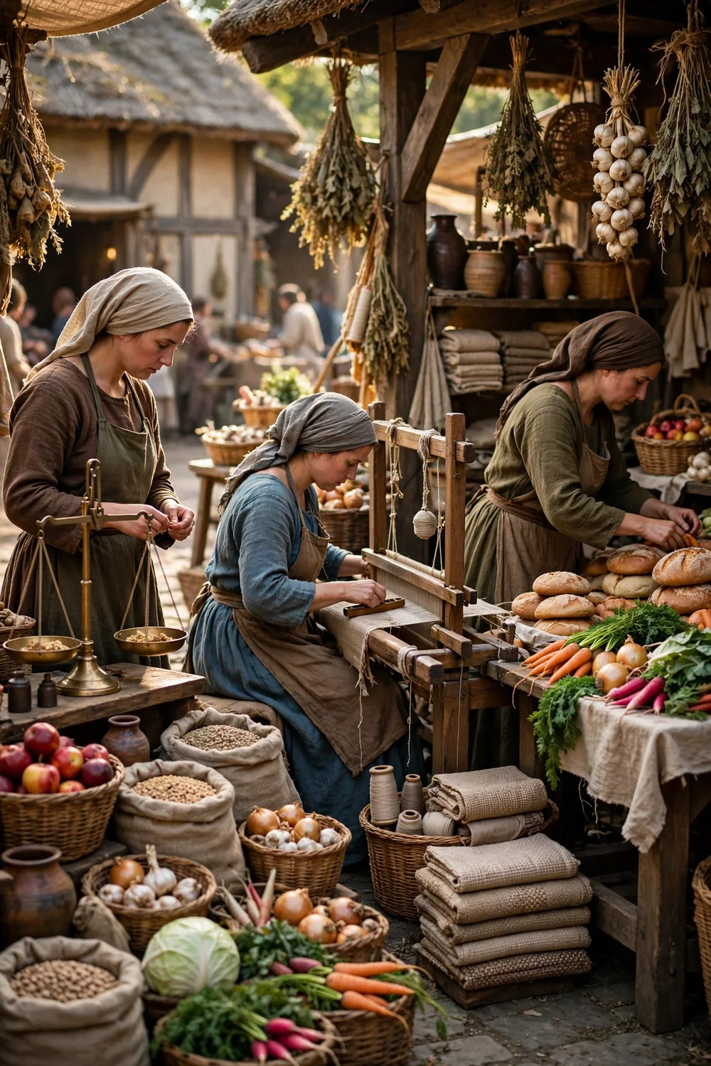 Women working at a medieval market and in a workshop scene