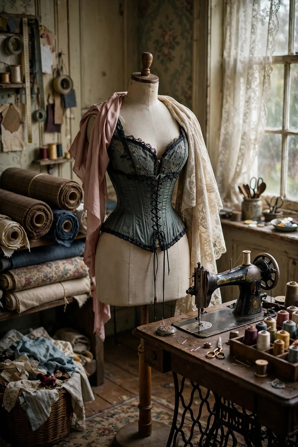 A Victorian dress form with a corset and period garments