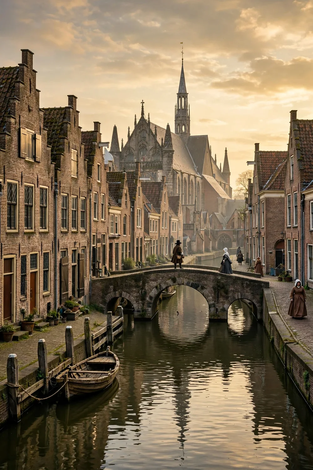 A Dutch canal street in Leiden with a 17th century church