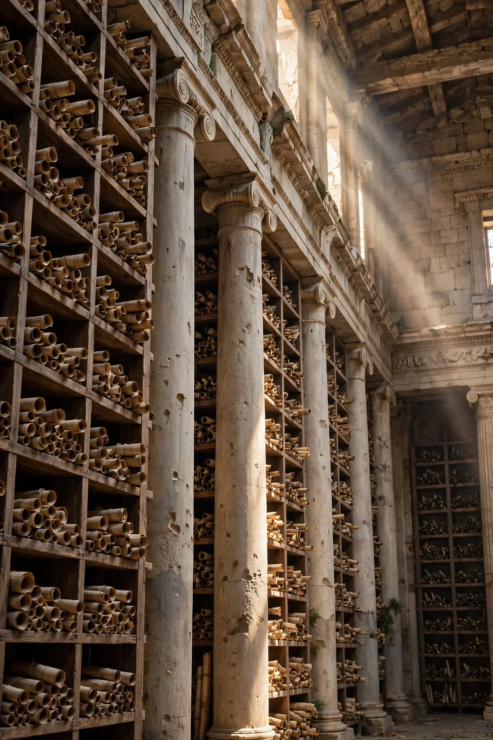 Ancient scrolls in a stone library hall with tall shelves