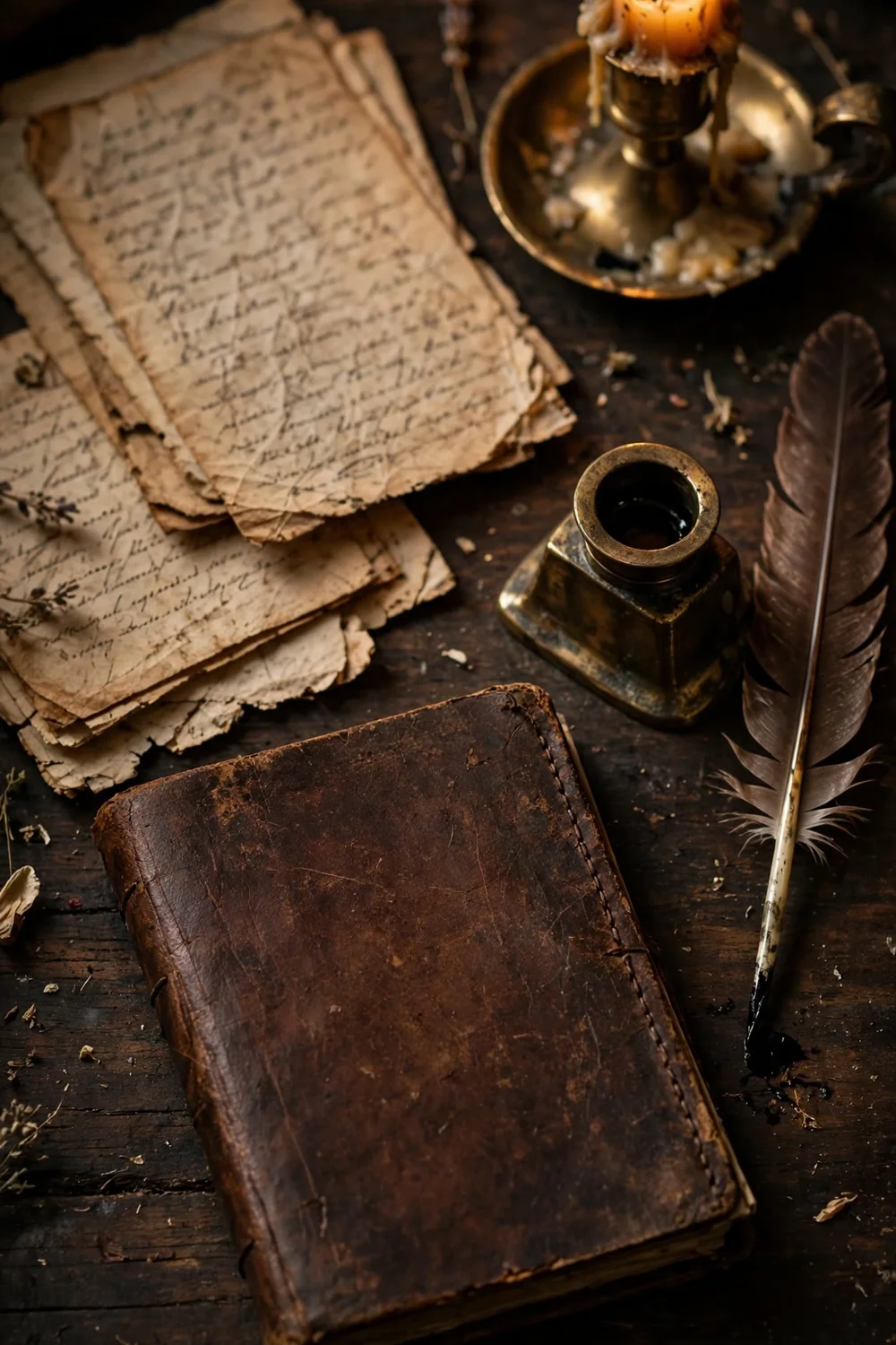 Old handwritten letters and a diary on a wooden desk by candlelight