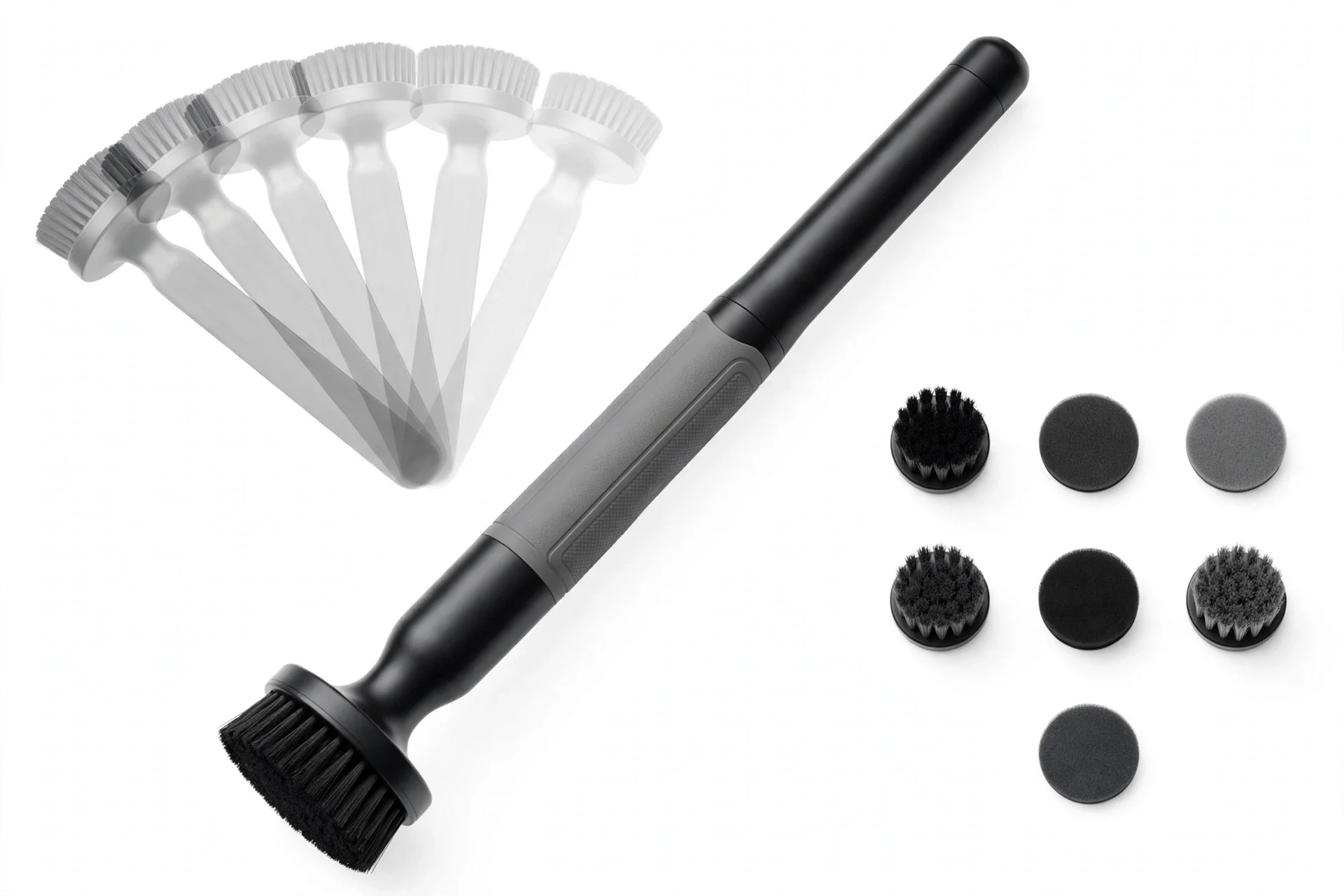 Long slim black and grey cordless scrubber with a round black brush head, flex diagram and seven small brushes and pads