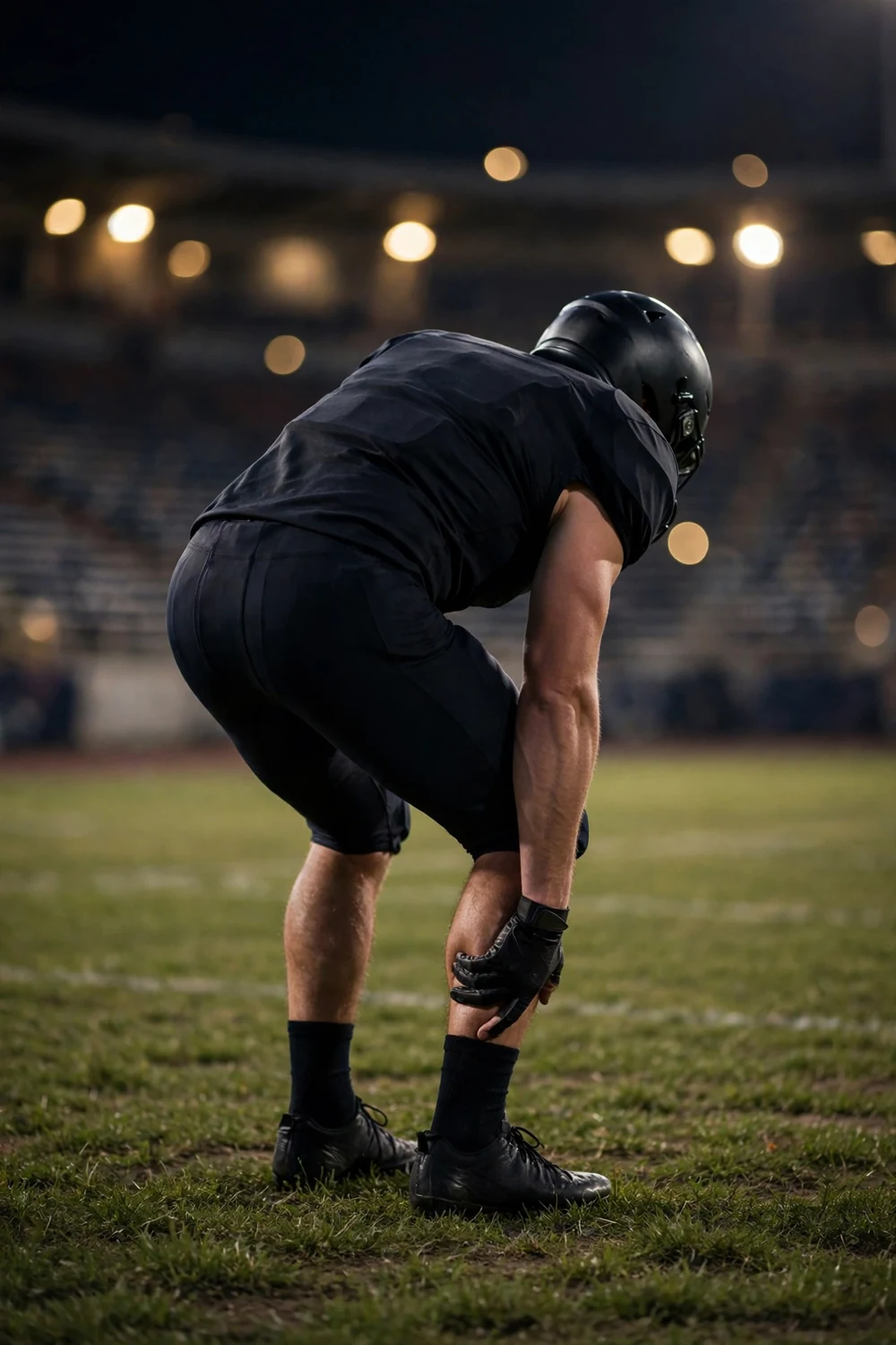 A football player in a plain dark kit bent over and clutching the back of his calf on the field