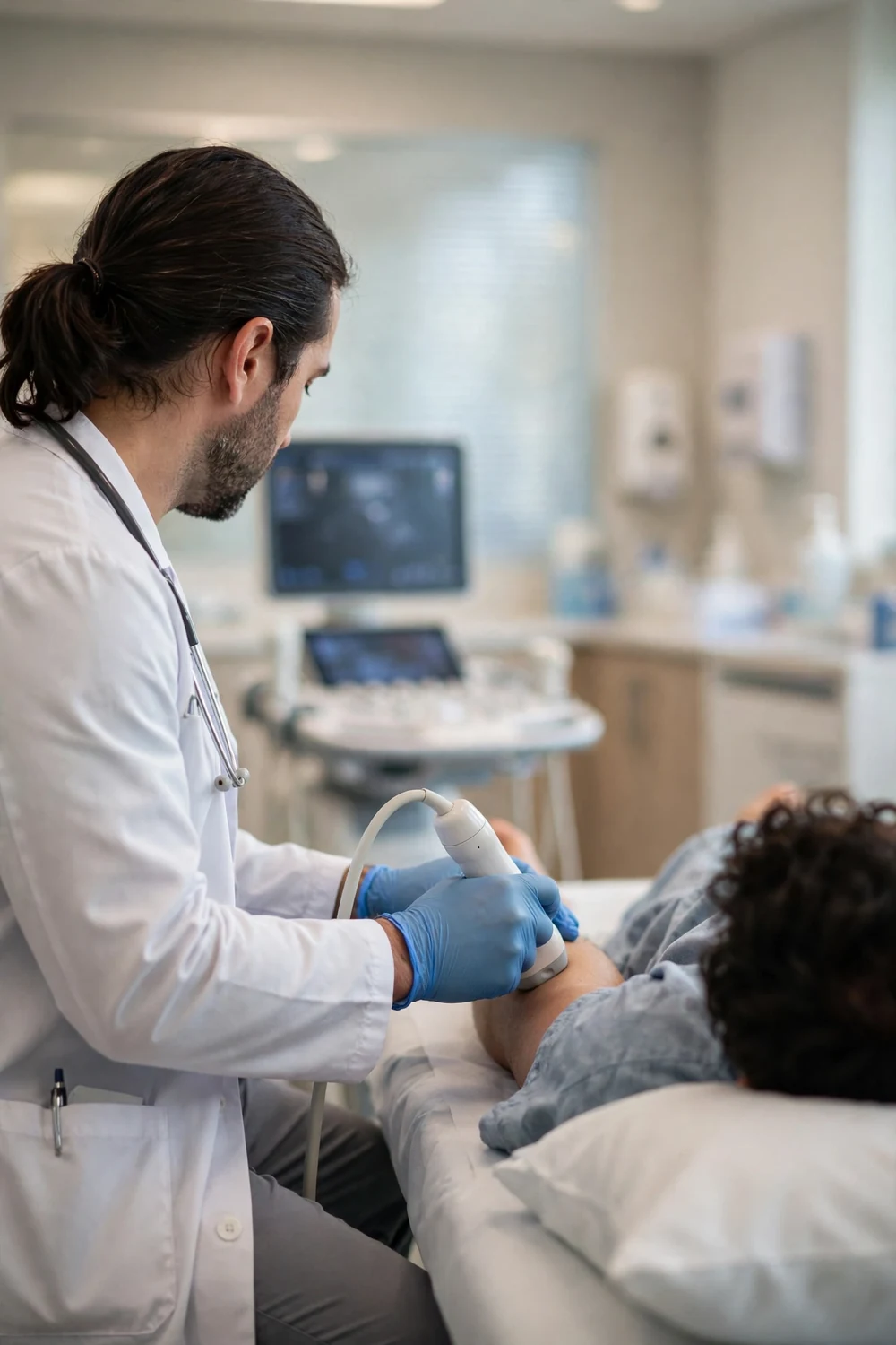 A doctor performing an ultrasound scan on a patient's leg in a bright clinic