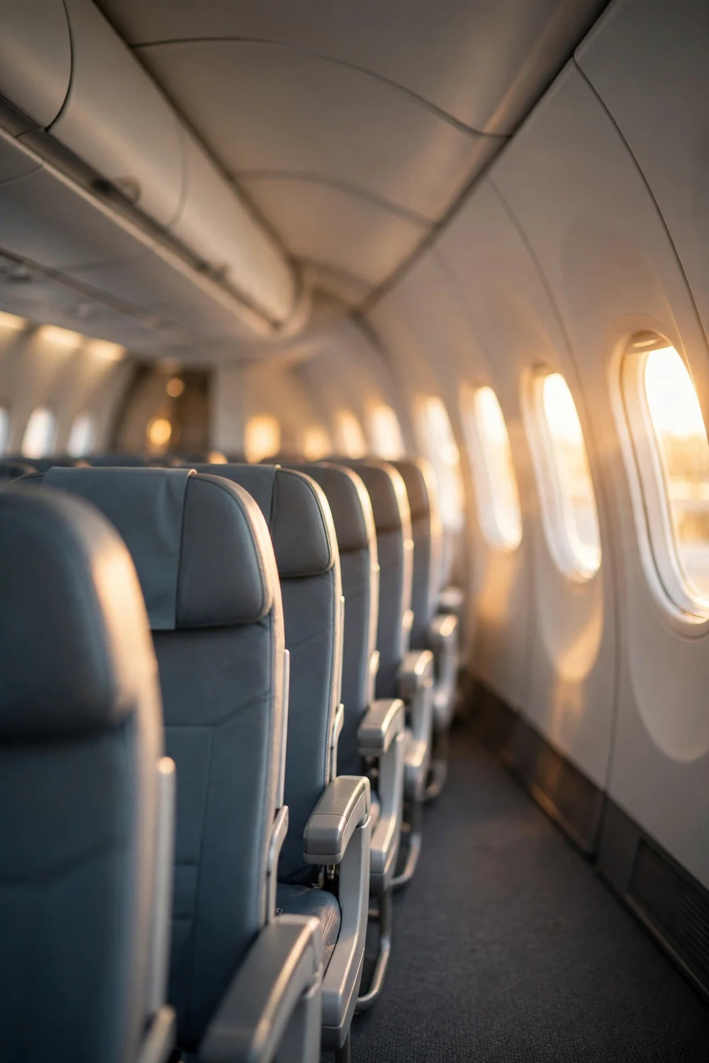Rows of empty passenger seats in a quiet aeroplane cabin lit by warm window light