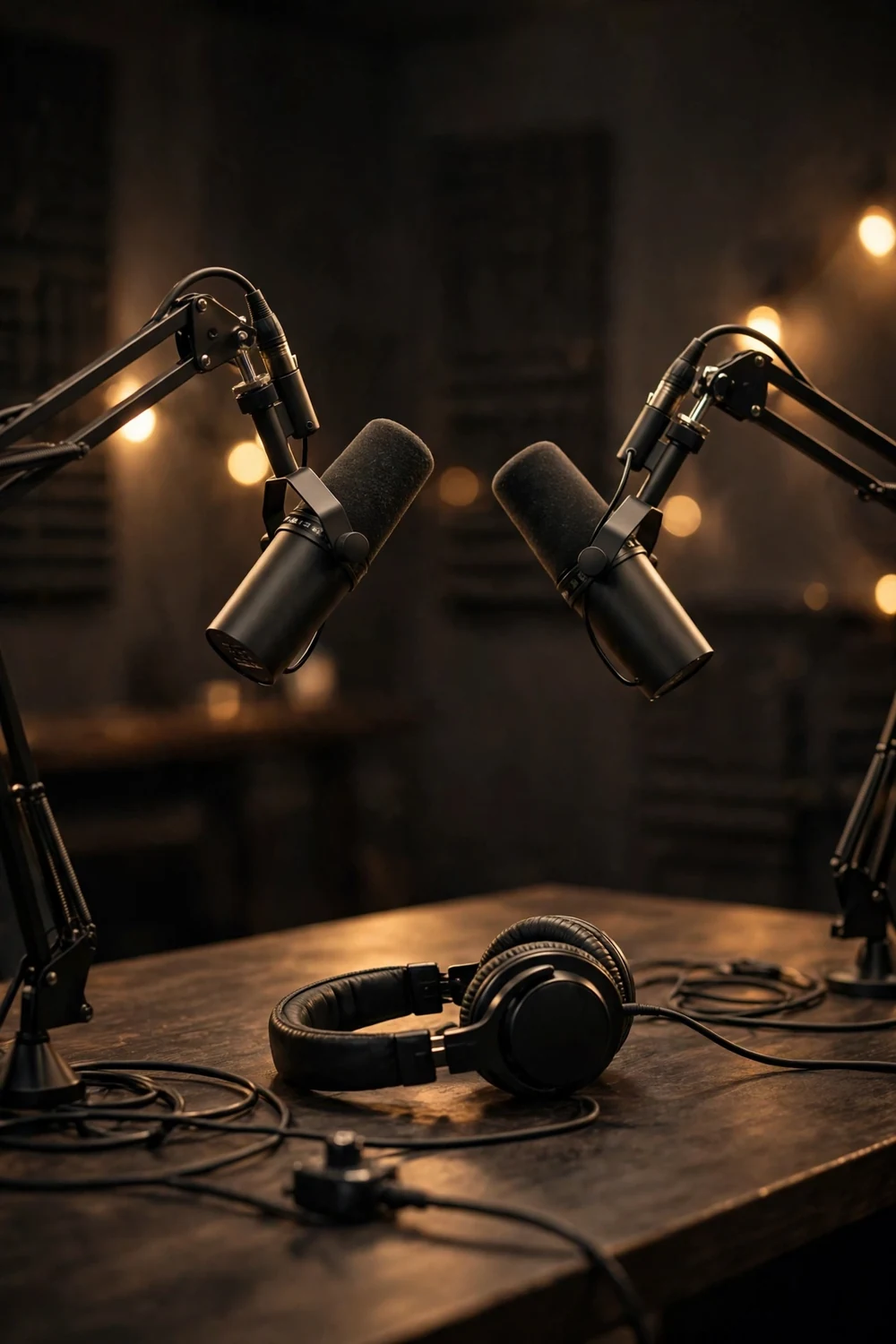 Two podcast microphones on boom arms facing each other across a studio desk with headphones