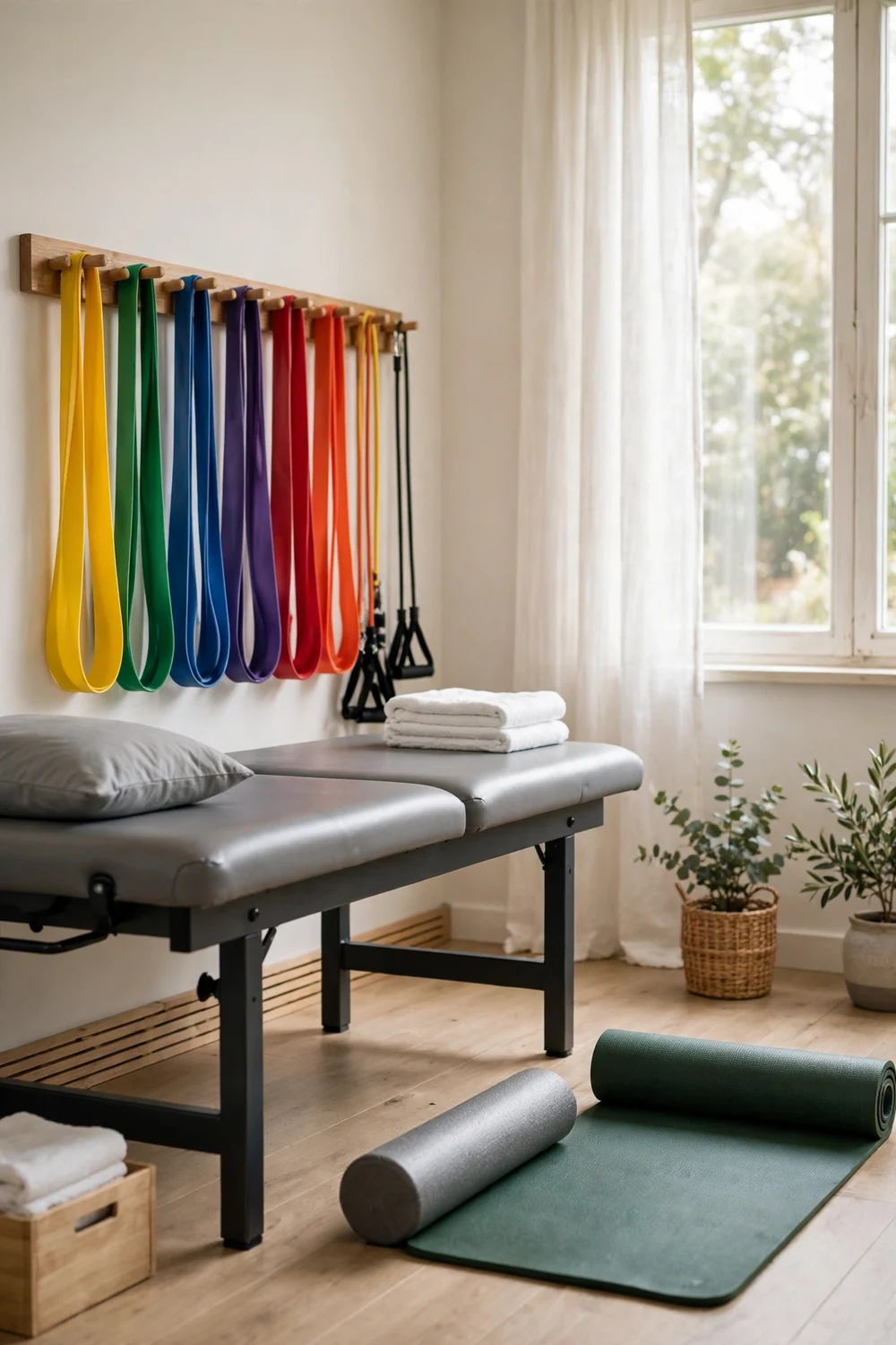 A calm physiotherapy room with a treatment table, colourful resistance bands and an exercise mat