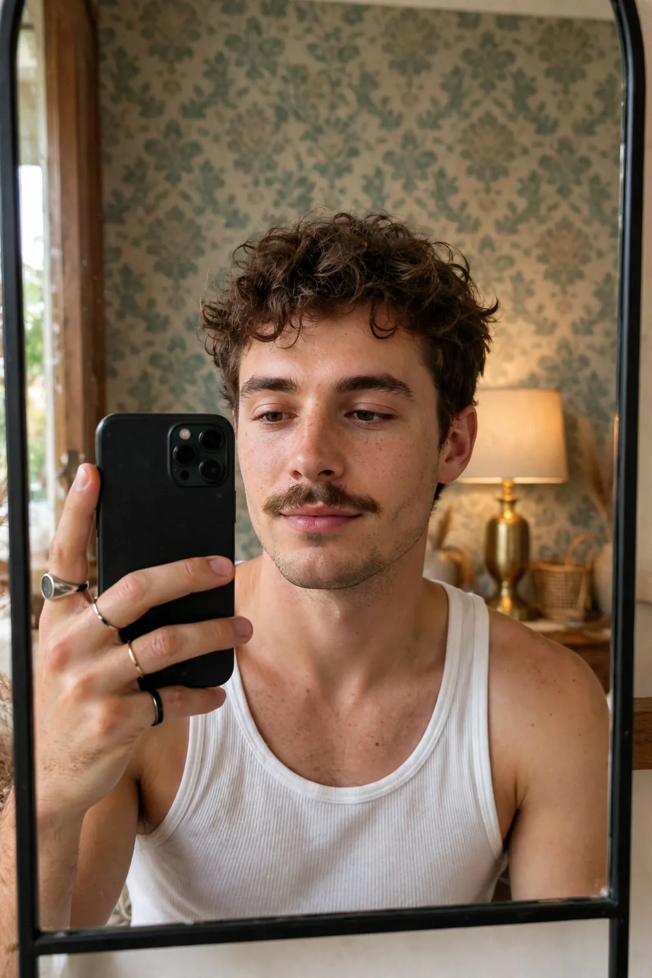Jack Innanen taking a mirror selfie in a white tank top