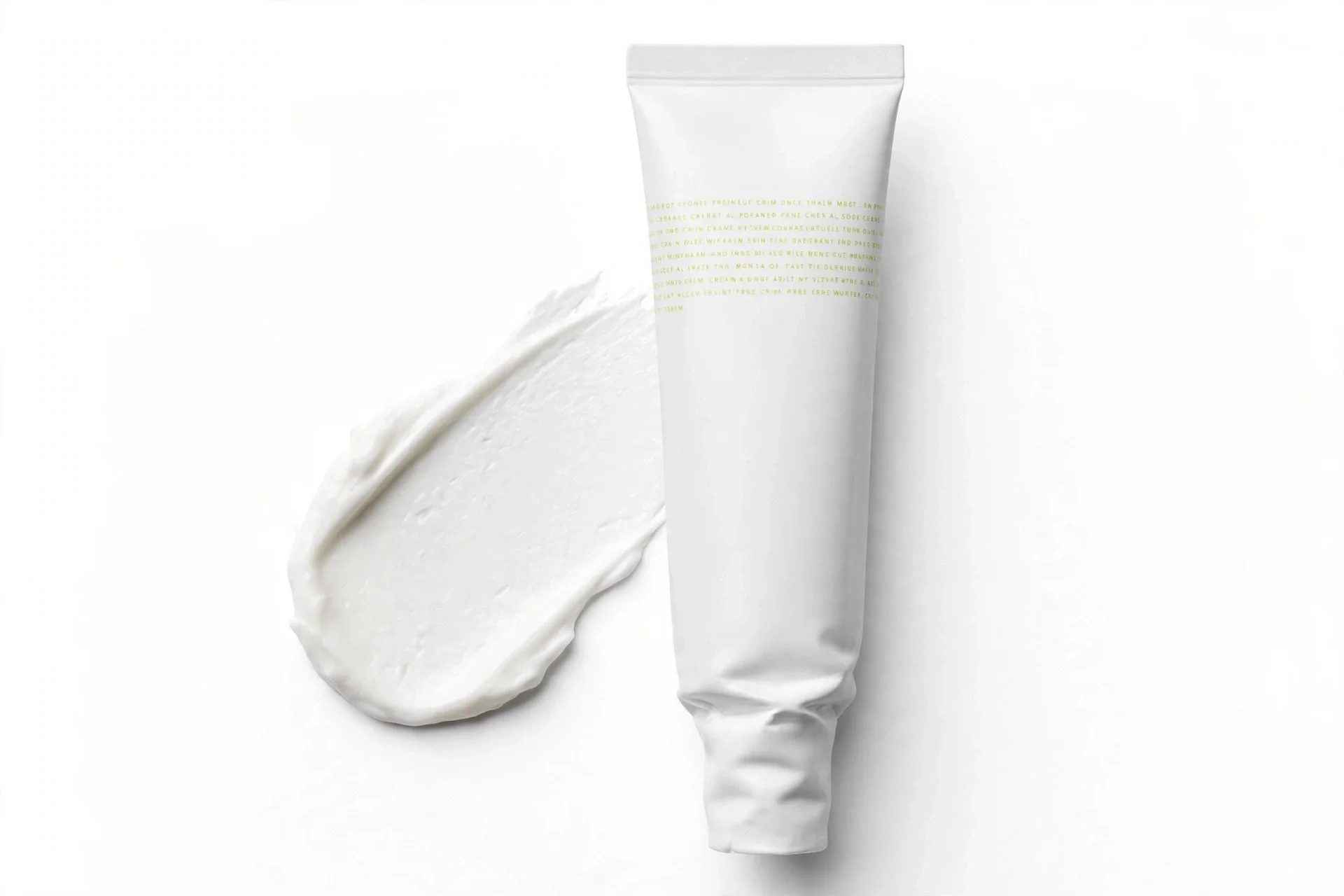 White squeeze tube with pale green yellow lettering, standing with a smear swatch of white cream to its left