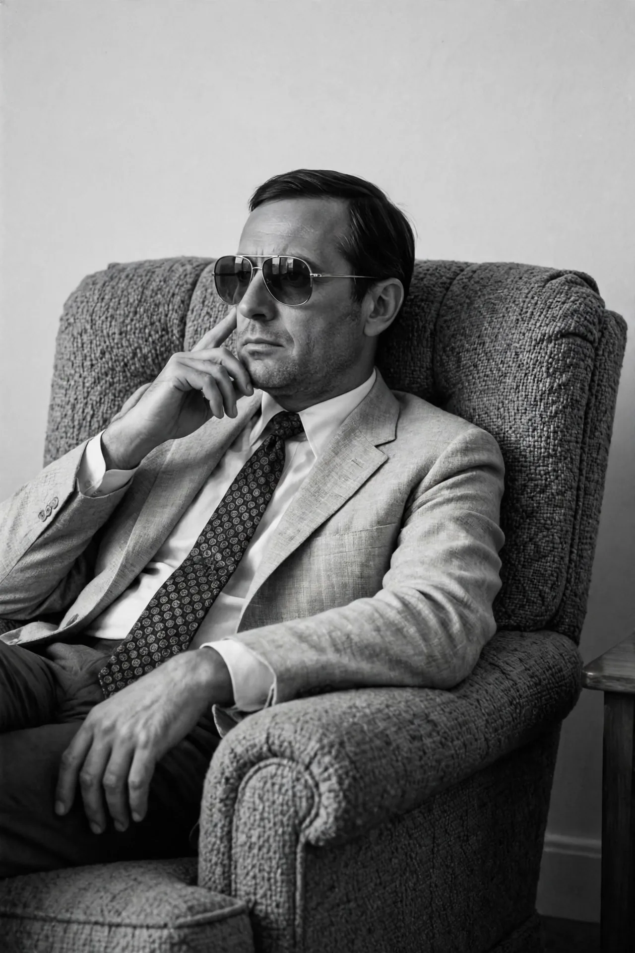 A black-and-white archival photo of a man in a light suit and sunglasses seated in an armchair