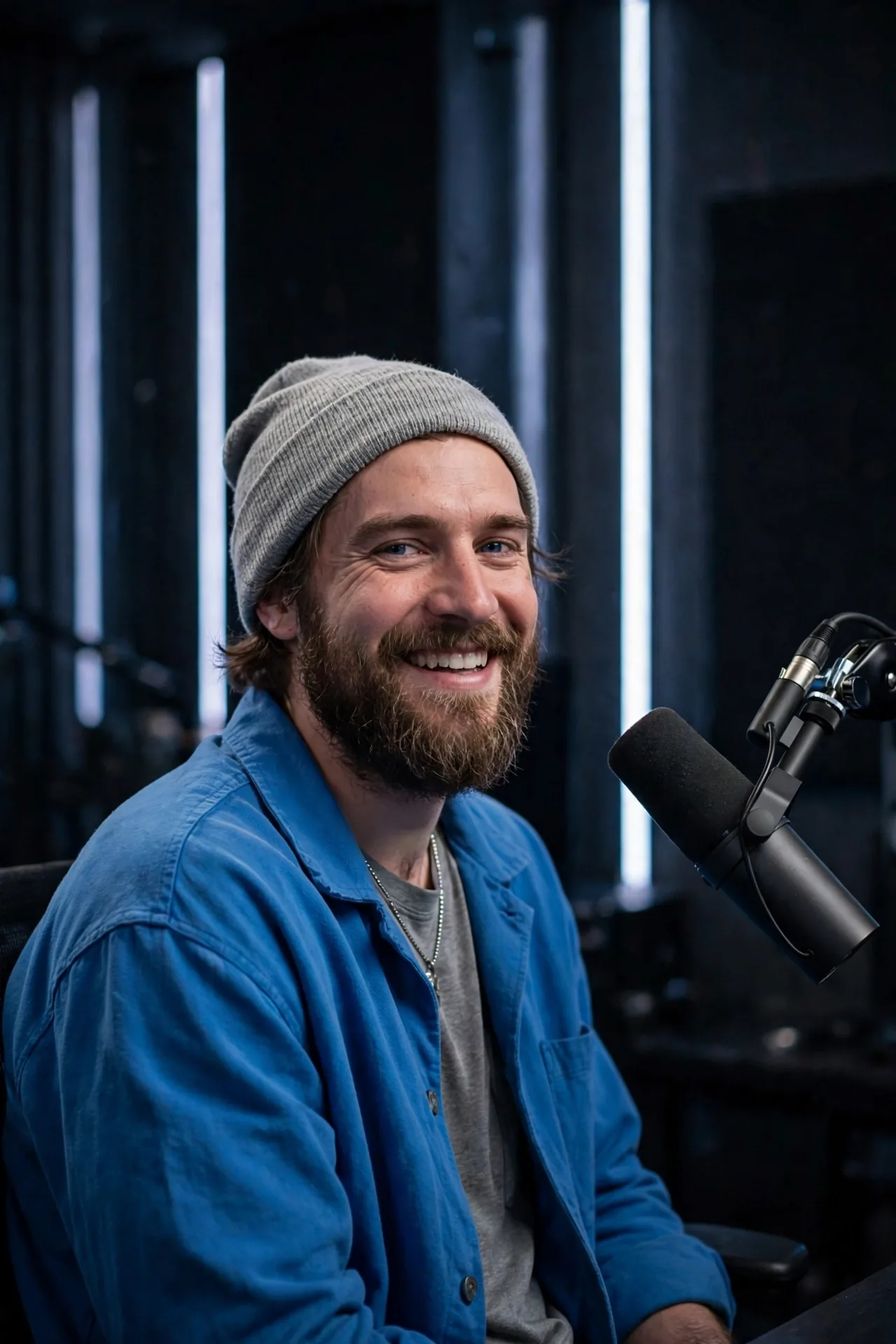 Travis Kelce smiling in a gray beanie and blue overshirt beside a podcast microphone