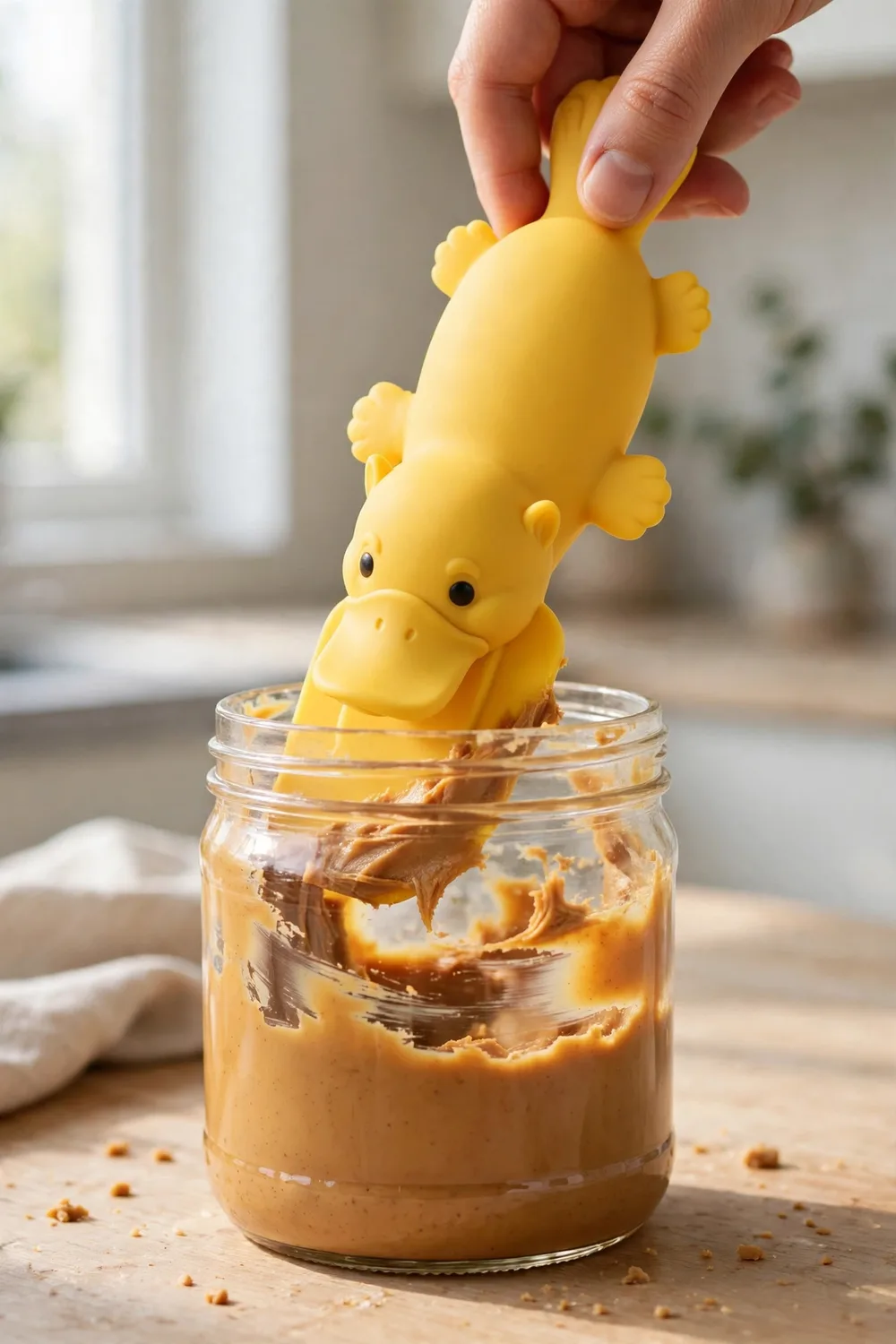 A platypus-shaped jar spatula scraping the inside of a peanut butter jar