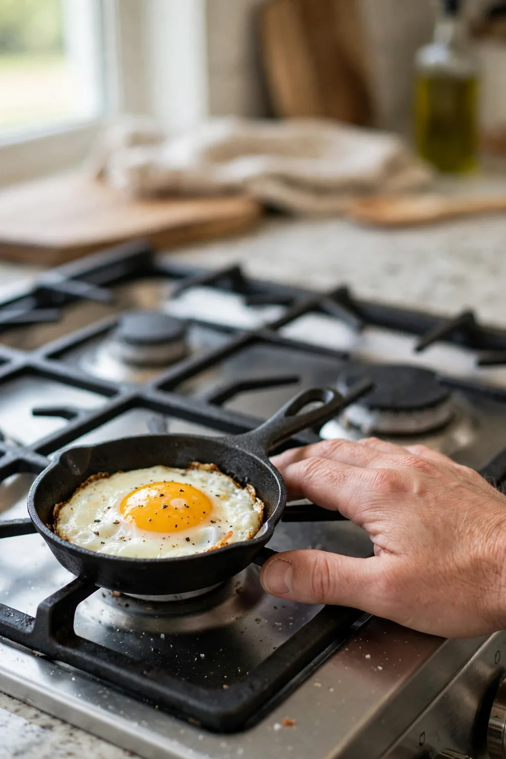 A small 6.5-inch cast-iron skillet with a single fried egg, a hand beside it for scale