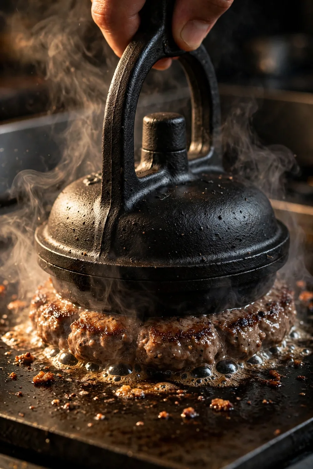 A cast-iron burger press flattening a beef patty on a hot griddle
