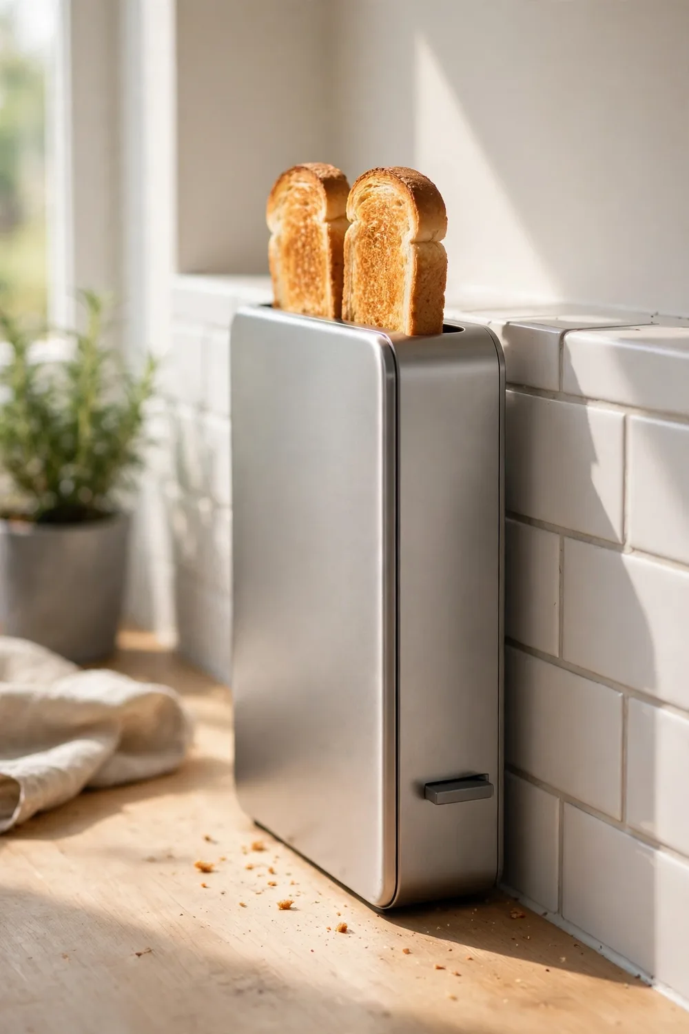 A slim toaster with a single long slot on a narrow kitchen counter
