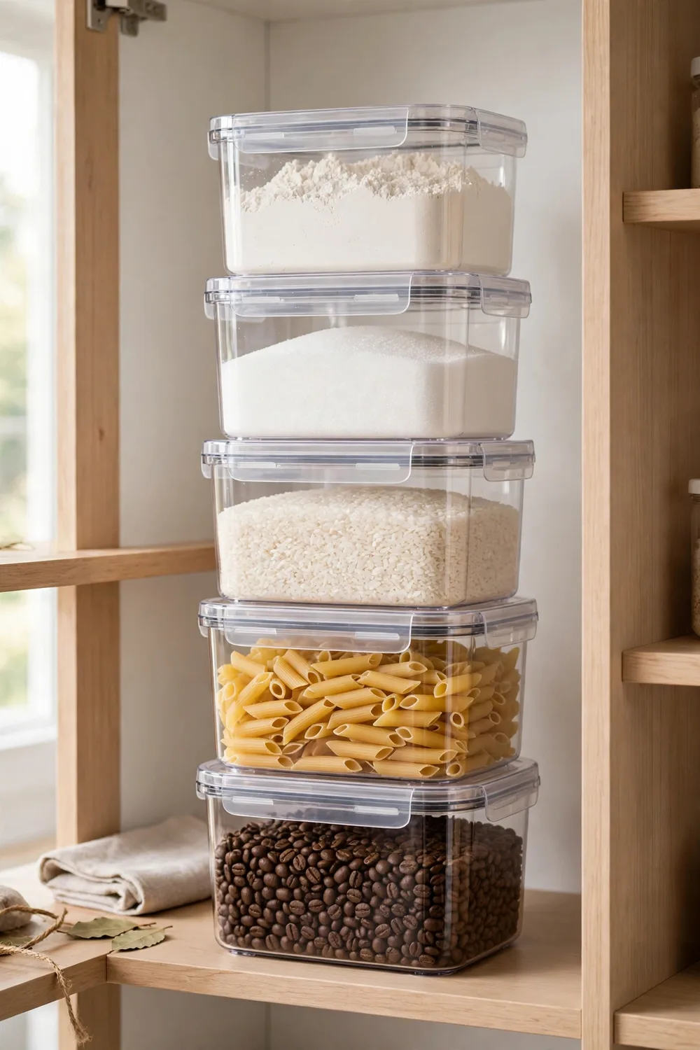 Five clear airtight storage containers with lids, filled with flour, rice and pasta