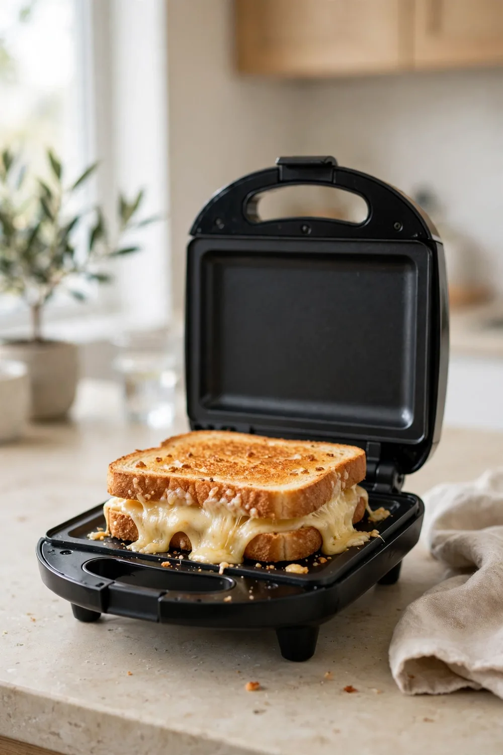 A compact electric sandwich maker with a toasted sandwich