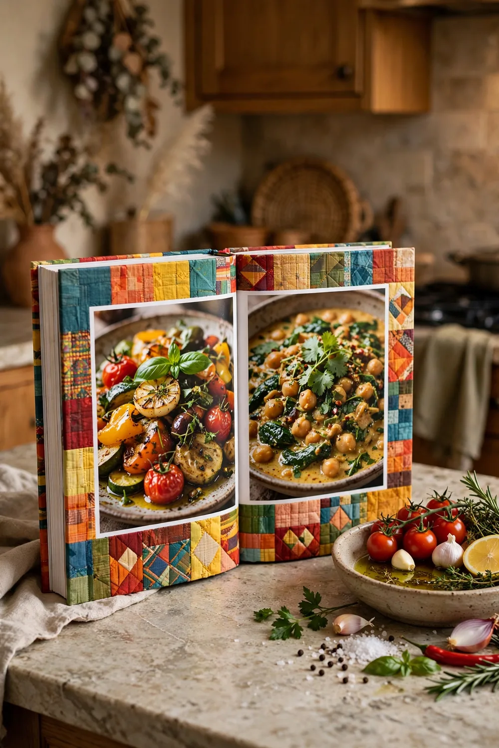 A hardcover cookbook standing open on a kitchen counter