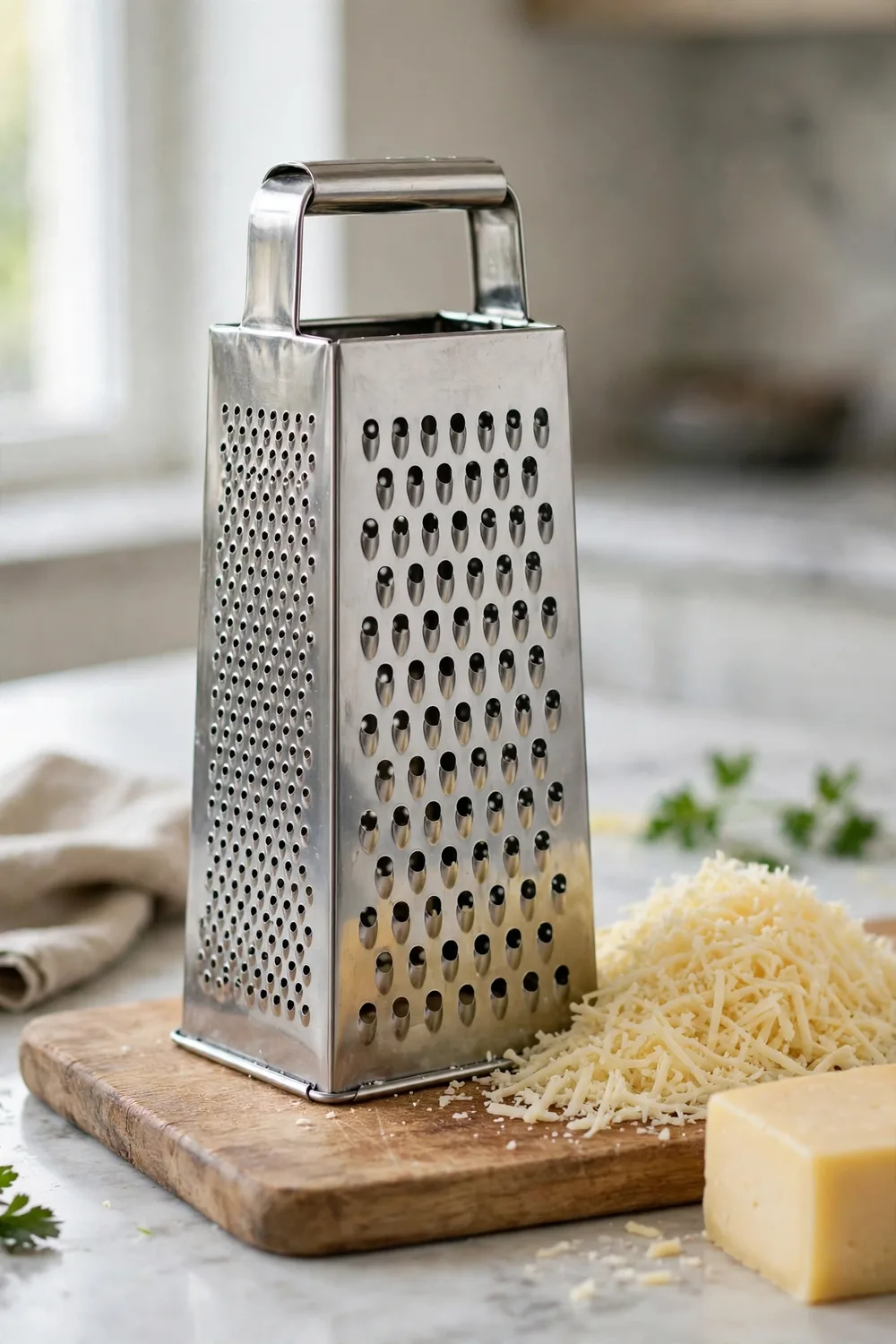 A four-sided stainless-steel box grater with grated cheese