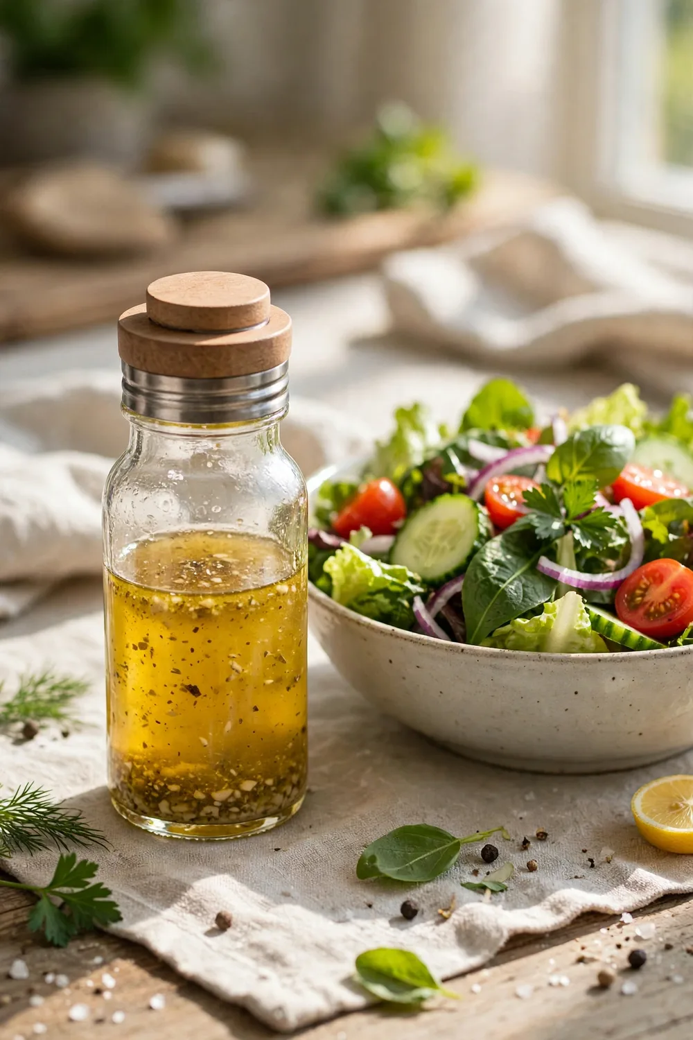 A small salad dressing shaker with homemade vinaigrette