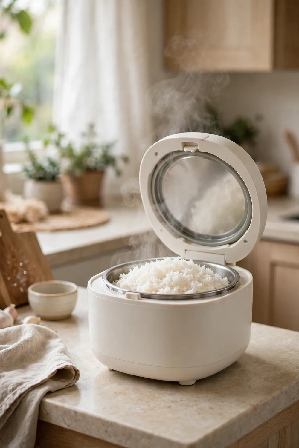 A compact rice and grain cooker on a small kitchen counter