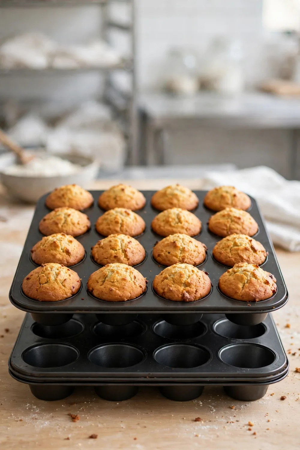 Two non-stick muffin pans with twelve cups each, stacked