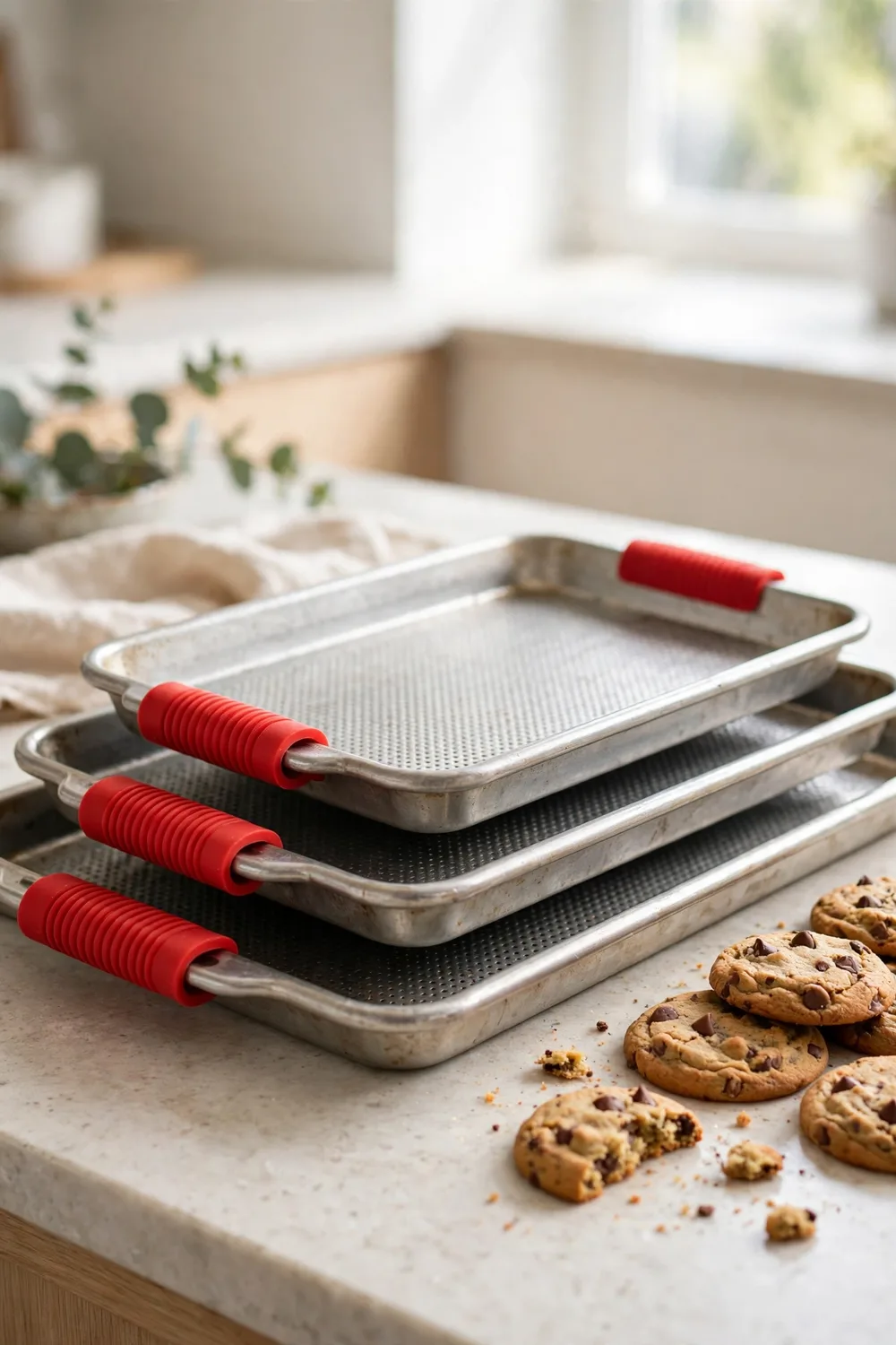 Three cookie sheets in small, medium and large with red silicone handle grips