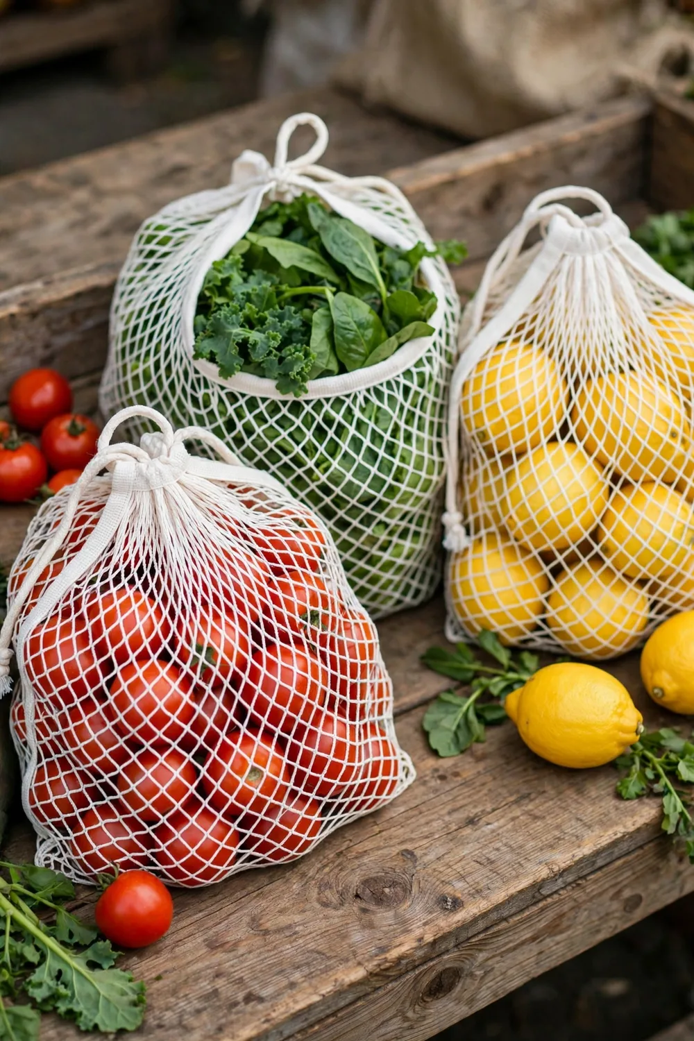 Reusable mesh produce bags holding fresh vegetables