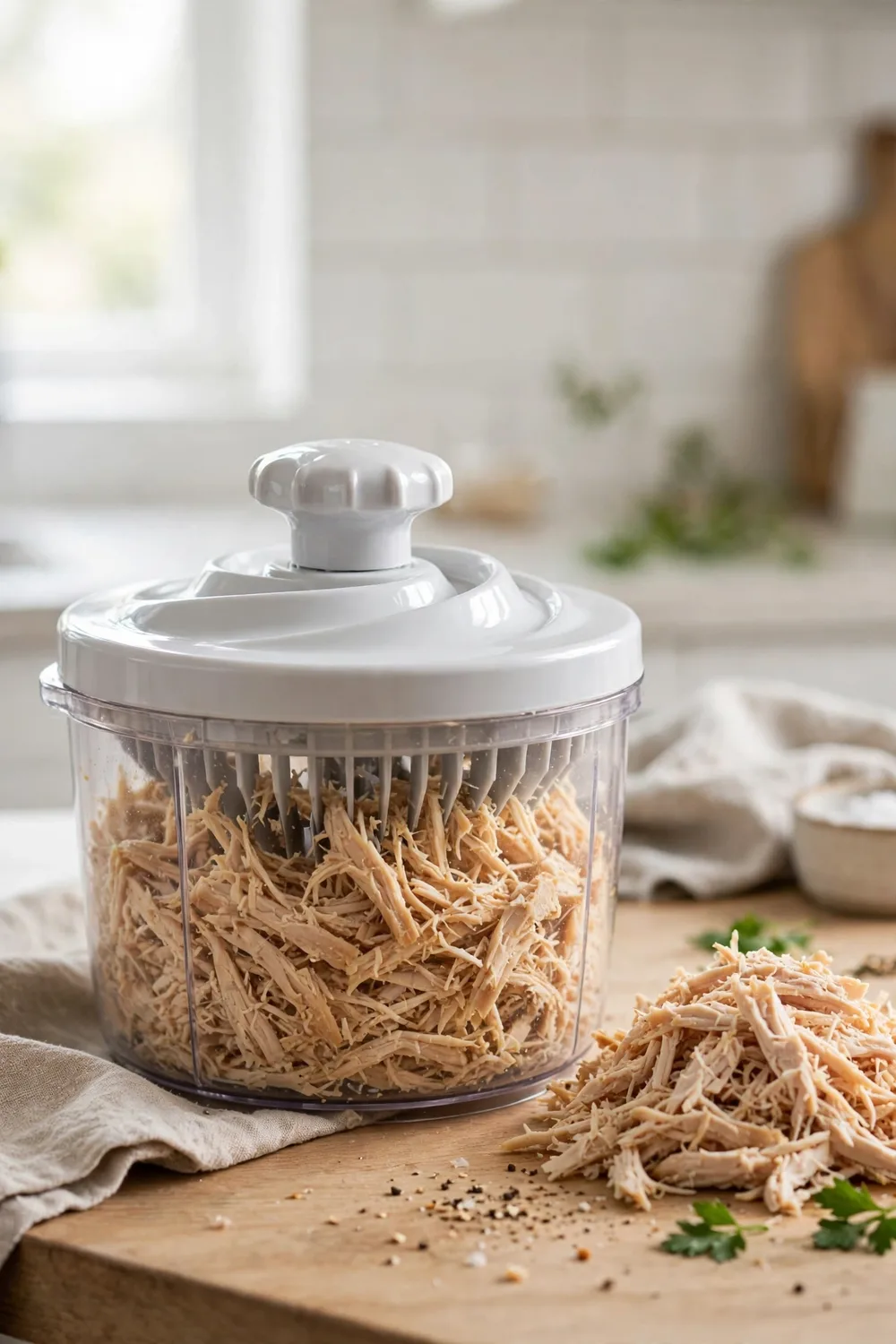 A chicken shredder tool twisting cooked chicken into shreds
