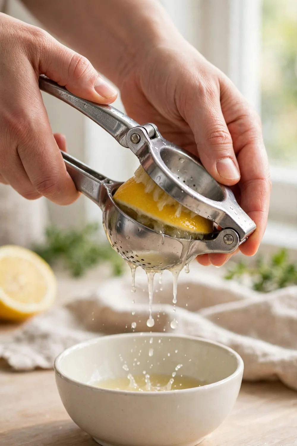 A handheld two-handle citrus press squeezer over a bowl with lemon halves