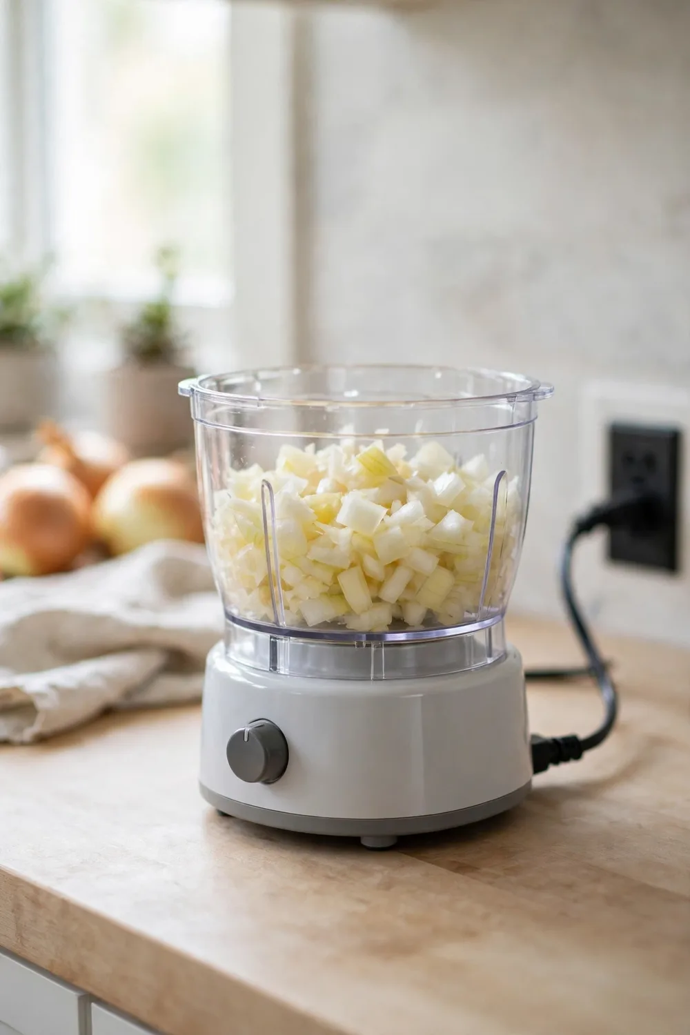 A compact electric mini food processor with a power cord, filled with chopped onions
