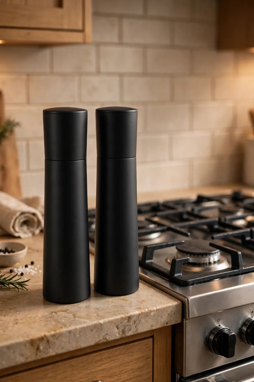 A pair of rechargeable electric salt and pepper grinders by a stove