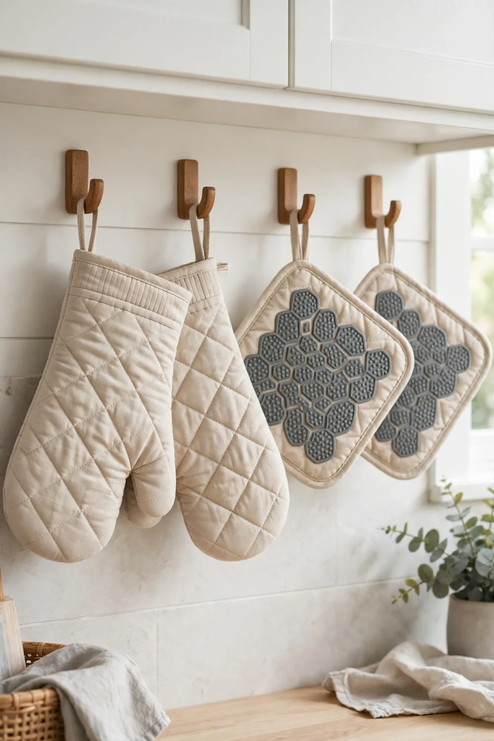 Two oven mitts and two pot holders with silicone grips