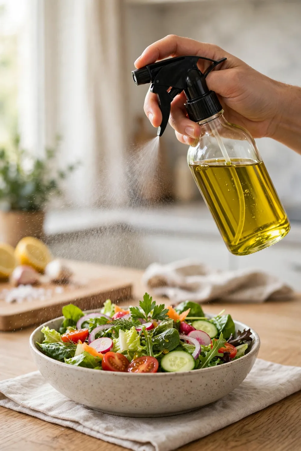 A glass olive oil sprayer bottle beside a salad