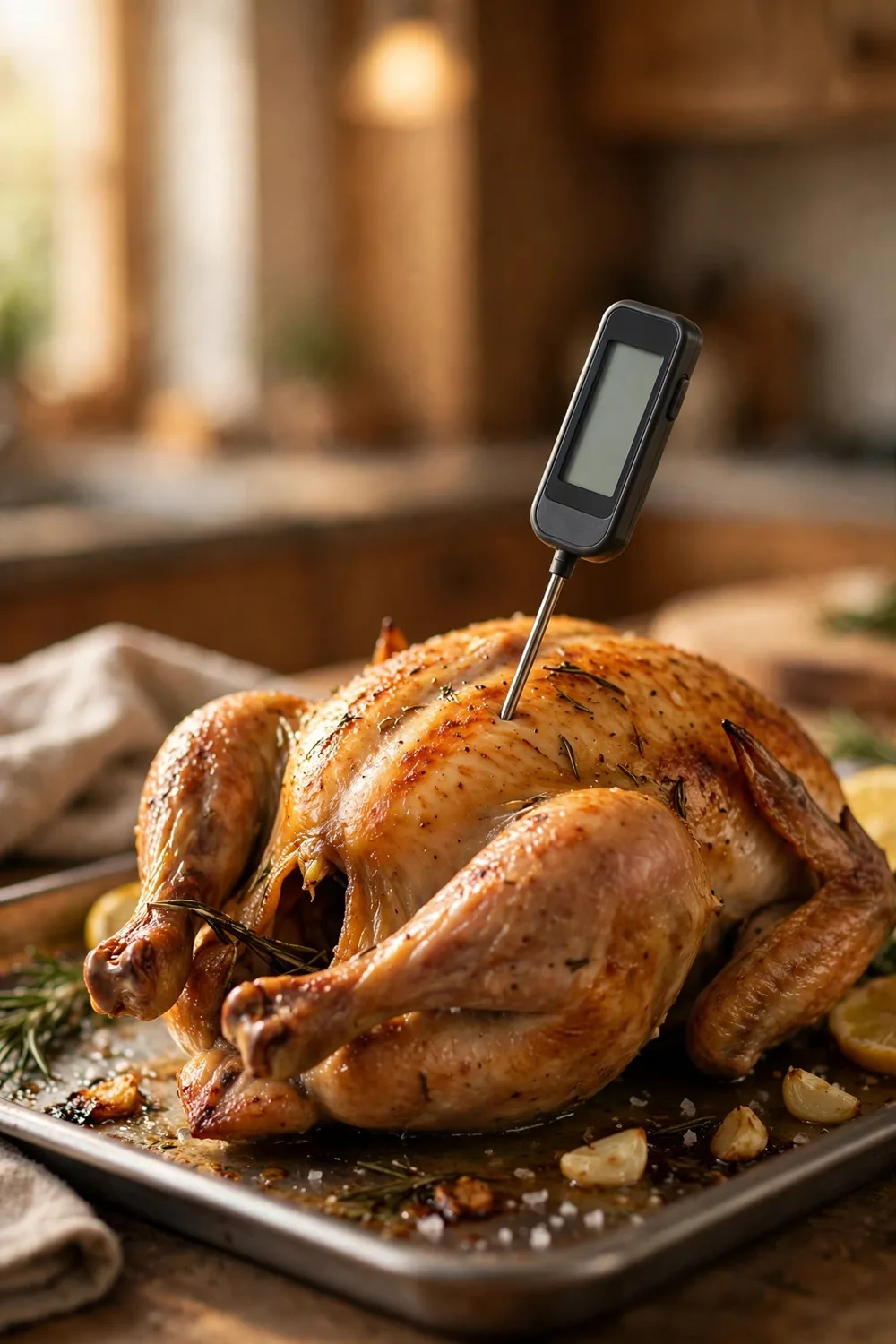 An instant-read meat thermometer checking a roast chicken