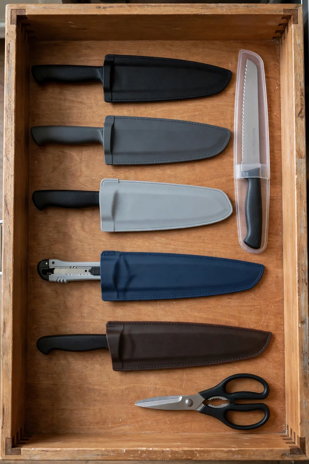 Six kitchen knives with blade guards and a pair of kitchen shears in a drawer