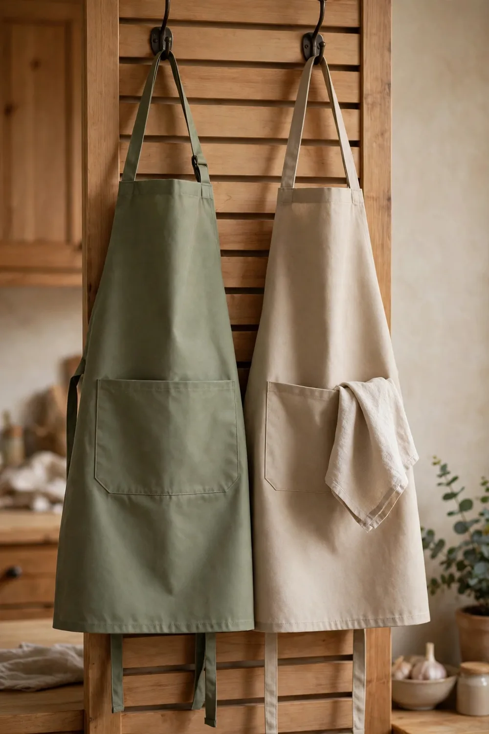 Two water-resistant aprons with pockets hanging on hooks